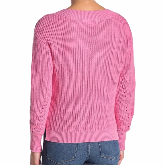 ABOUND Cable Knit Sweater Pink Aurora Cotton V-Neck Pullover High Low Hem - Picture 2 of 6